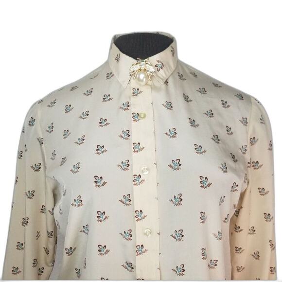 70s Vintage Beige Button Up Collar Brown Floral Print Shirt Size Small Medium - Picture 3 of 7